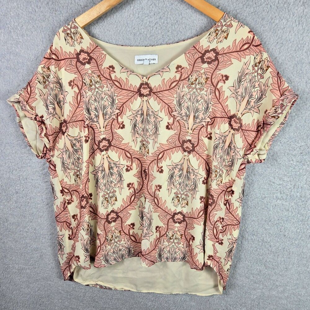 Gibson Latimer Women's Large Top Floral Damask V-Neck Cuffed Short Sleeve Blouse